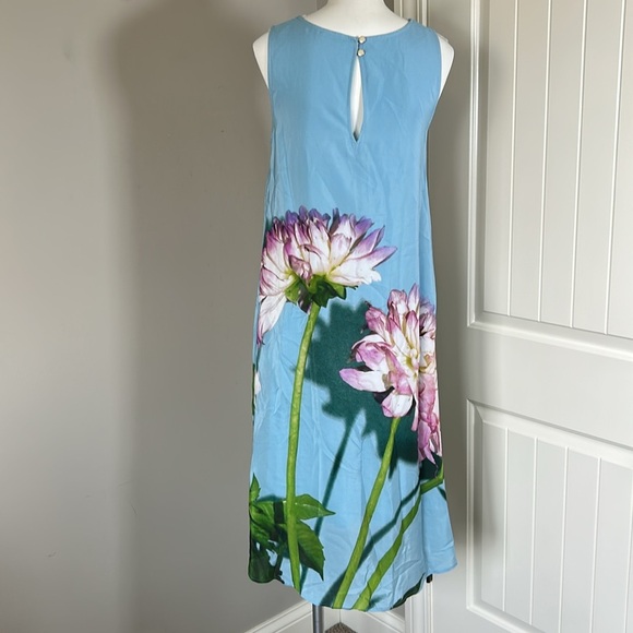 Anthropologie Photorealistic Silk Dress Duchess de Nemours peonies blue Sz 6 - Picture 7 of 16